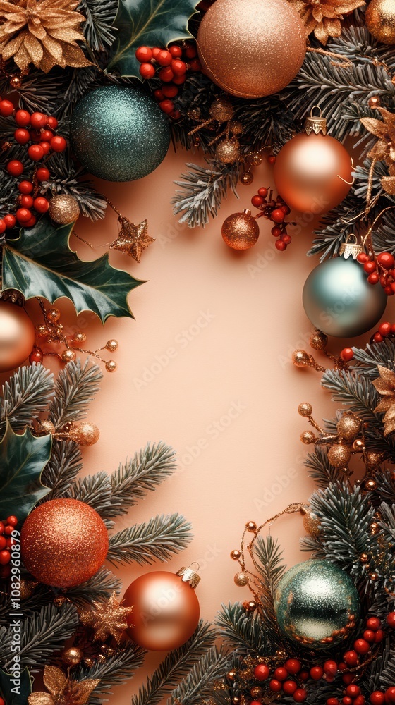 Festive baubles and holly frame on soft peach background Festive baubles and holly frame on soft peach background