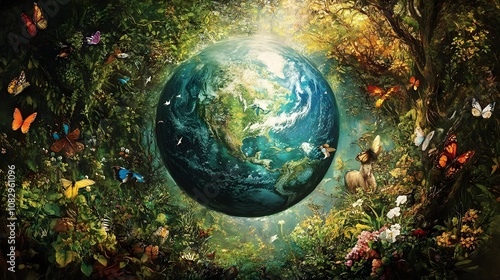 Mother Earth Gaia depicted as an enchanted globe caring for her spiritchildren plants animals and insects butterflies birds bees