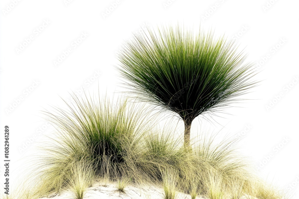 Stunning Scenic View of a Solitary Grass Tree in Australian Bushland Against a White Background Stunning Scenic View of a Solitary Grass Tree in Australian Bushland Against a White Background