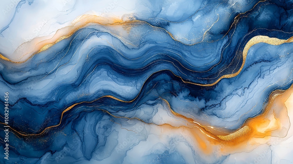 Abstract blue and gold fluid art with wavy patterns and textures. Abstract blue and gold fluid art with wavy patterns and textures.