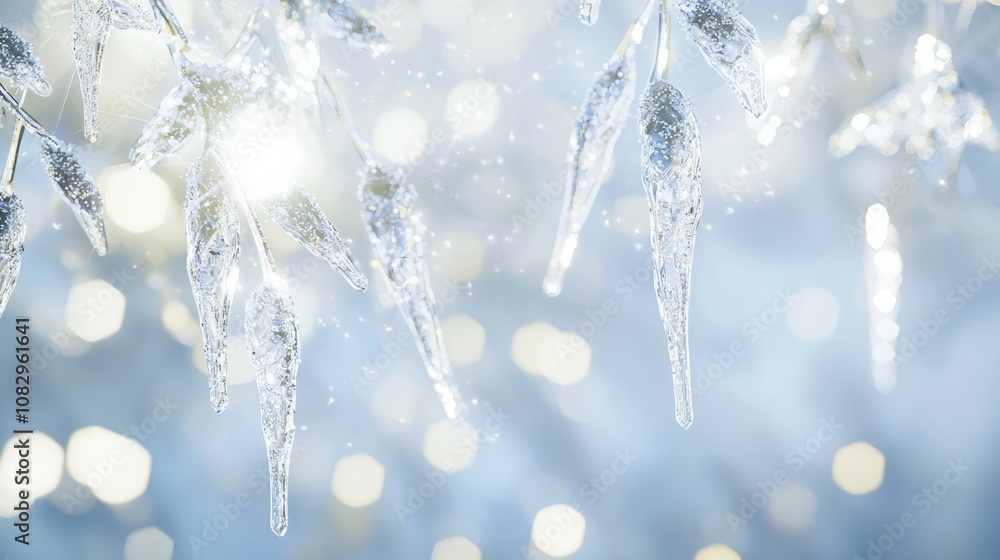 Winter Wonderland: Serene 3D Render of Glittering Icicles and Bokeh Lights in a Peaceful Holiday Landscape Winter Wonderland: Serene 3D Render of Glittering Icicles and Bokeh Lights in a Peaceful Holiday Landscape