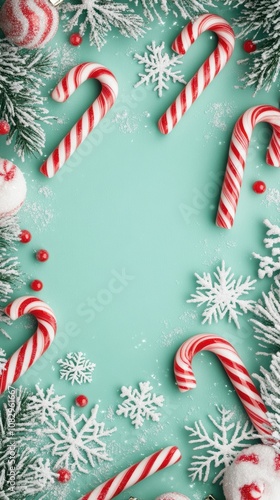 Candy cane and snowflake frame on mint green background