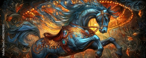 A majestic blue horse gallops through a vibrant, glowing carousel, surrounded by intricate patterns and warm, colorful lights.