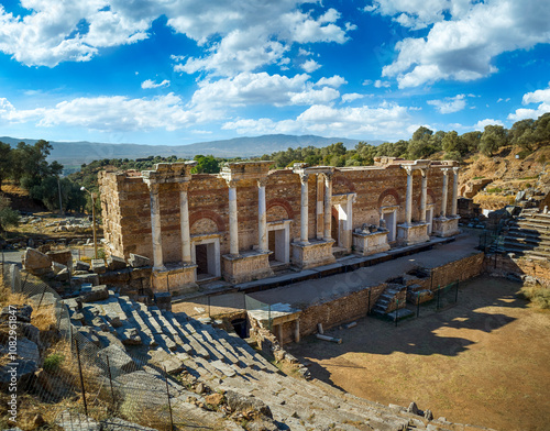 Ruins of the ancient city of Nysa in Aydın, Turkey, featuring remnants of classical architecture photo