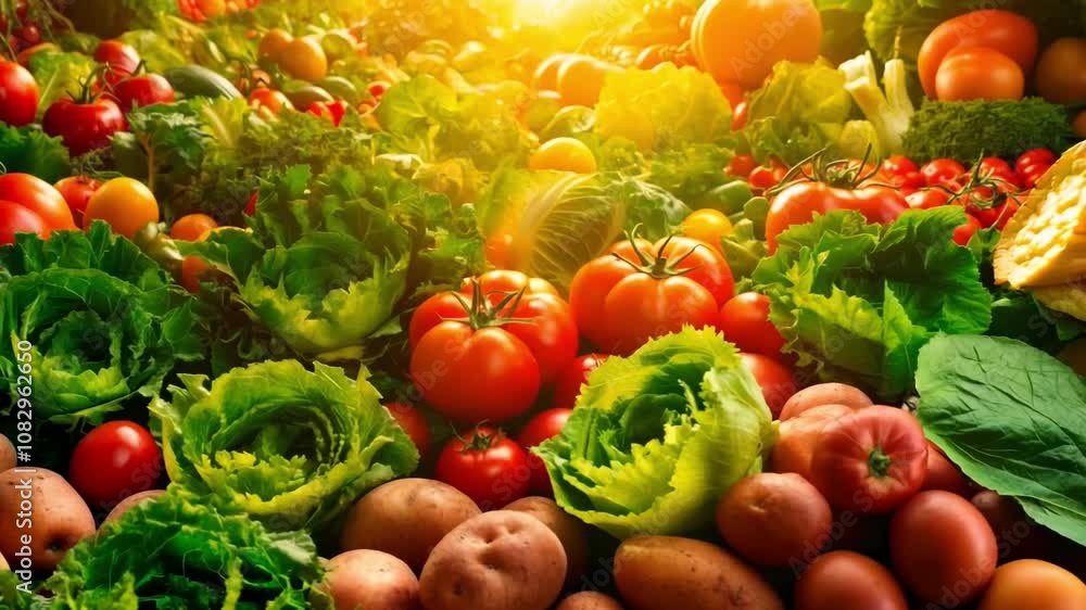A large assortment of vegetables including tomatoes, lettuce, and potatoes. Concept of abundance and freshness, as the vegetables are piled high and spread out across the frame A large assortment of vegetables including tomatoes, lettuce, and potatoes. Concept of abundance and freshness, as the vegetables are piled high and spread out across the frame