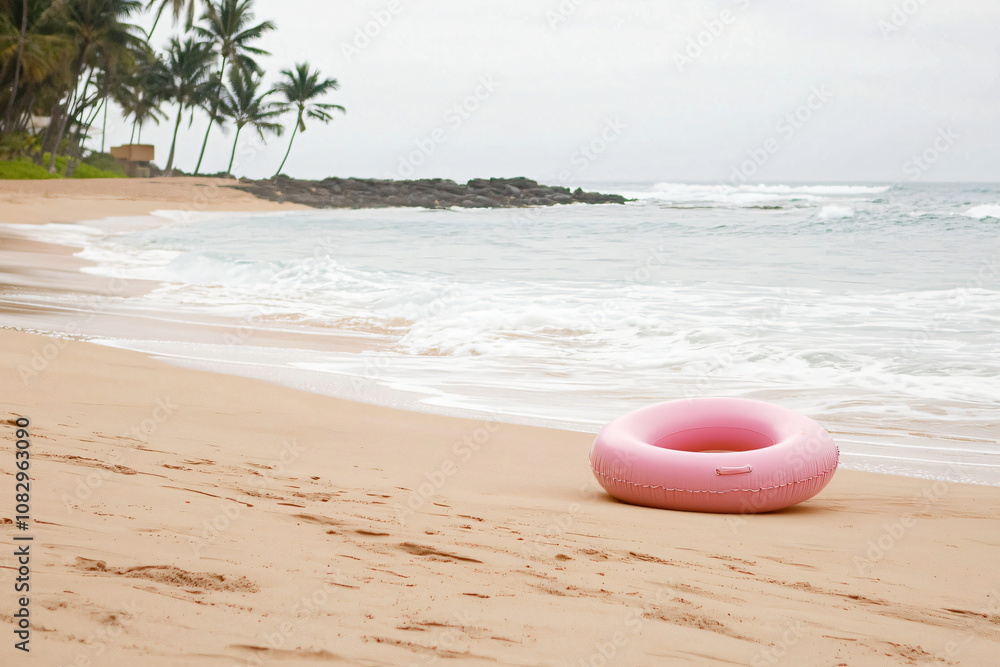 idyllic beach view with gentle waves, tropical palms, and playful pink float idyllic beach view with gentle waves, tropical palms, and playful pink float