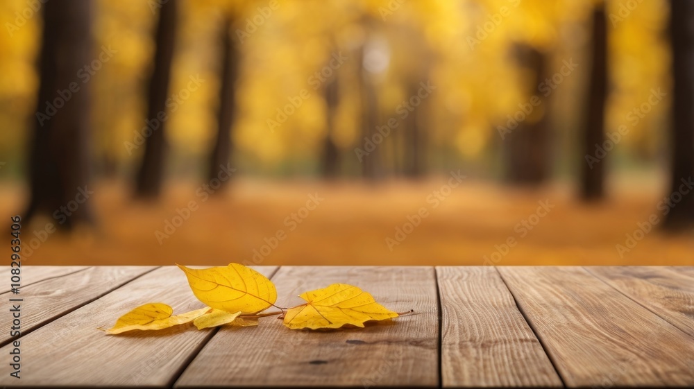 Beautiful colorful natural autumn background for presentation. Fallen dry orange leaves on wooden boards against the backdrop of a blurry autumn park.