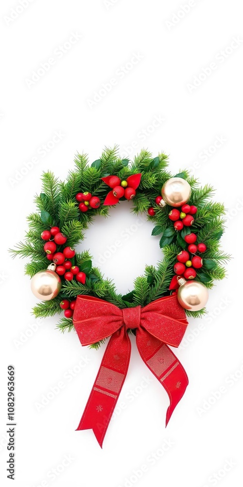 Christmas wreath made of greenery and adorned with red holly berries, shiny ornaments, and a festive bow, winter, festive Christmas wreath made of greenery and adorned with red holly berries, shiny ornaments, and a festive bow, winter, festive