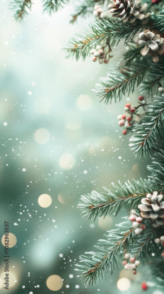 Pine branch frame on pastel green bokeh christmas background Pine branch frame on pastel green bokeh christmas background