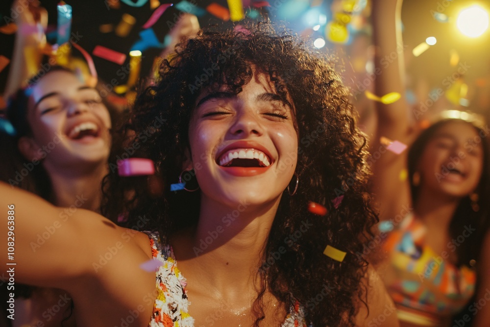 Group of diverse teenagers laughing and dancing at a birthday party, vibrant decorations, colorful streamers and confetti filling the room, evening light, close-up 4 Group of diverse teenagers laughing and dancing at a birthday party, vibrant decorations, colorful streamers and confetti filling the room, evening light, close-up 4