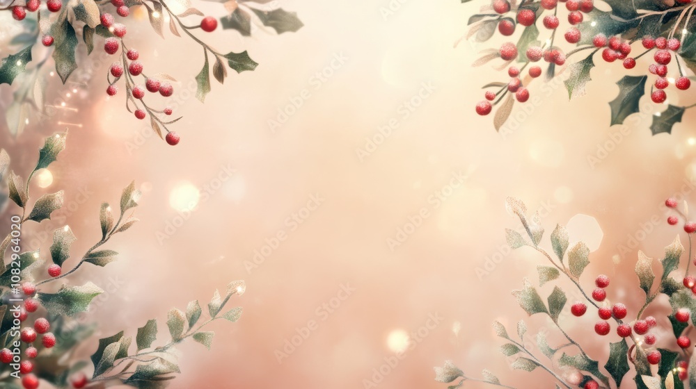 Peach bokeh background with holly border illustrations Peach bokeh background with holly border illustrations