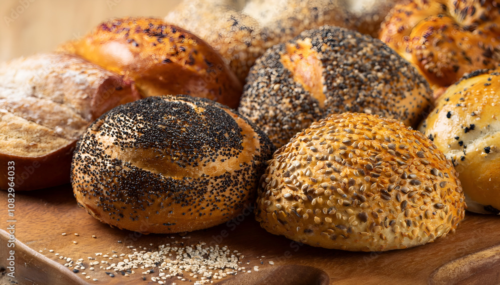 A delicious assortment of artisan bread featuring seeds and grains displayed on a wooden board. Perfect for bakery promotions, culinary blogs, and healthy eating themes. A delicious assortment of artisan bread featuring seeds and grains displayed on a wooden board. Perfect for bakery promotions, culinary blogs, and healthy eating themes.