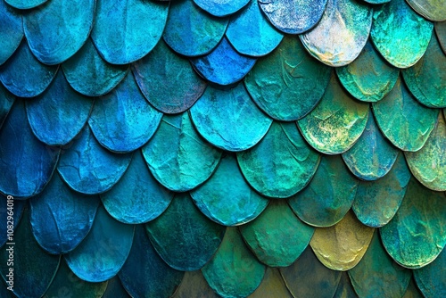 Wallpaper Mural Fish scales with gradient of blue to green, high-shine surface, polished, intricate and seamless texture, vibrant light reflections, close-up view 1 Torontodigital.ca