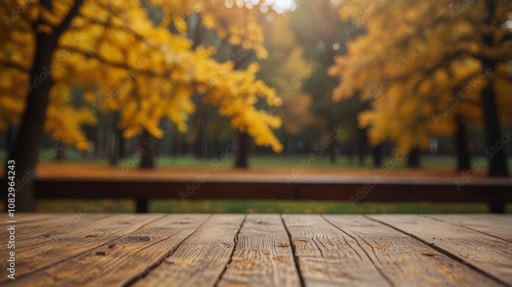 Beautiful colorful natural autumn background for presentation. Fallen dry orange leaves on wooden boards against the backdrop of a blurry autumn park.