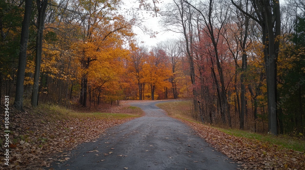 Obraz premium Golden Autumn Trees Framing a Serene Driveway in a Tranquil Park Landscape