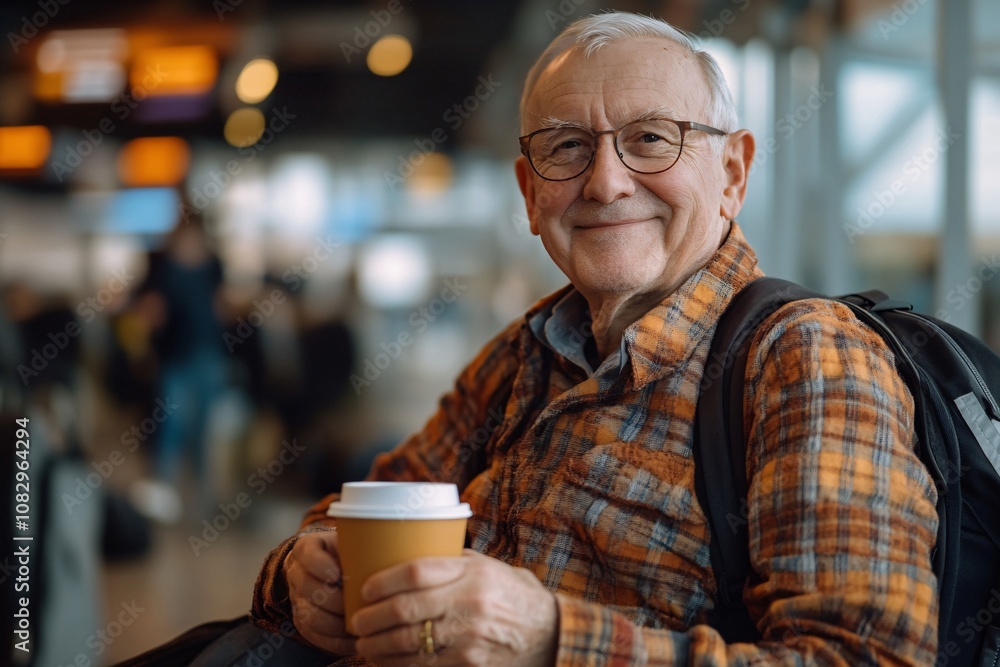Elderly gentleman with a gentle smile, relaxing in comfortable airport lounge, holding cup of coffee, casual clothes, daylight, inviting ambiance, close-up 3 Elderly gentleman with a gentle smile, relaxing in comfortable airport lounge, holding cup of coffee, casual clothes, daylight, inviting ambiance, close-up 3