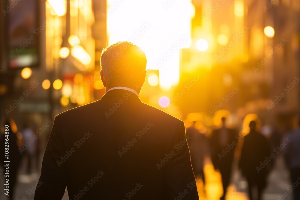 Businessman walking in a busy office district at sunset, viewed from behind, in a black suit, golden hour lighting, medium close-up, thoughtful and calm expression 4 Businessman walking in a busy office district at sunset, viewed from behind, in a black suit, golden hour lighting, medium close-up, thoughtful and calm expression 4