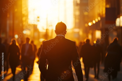 Businessman walking in a busy office district at sunset, viewed from behind, in a black suit, golden hour lighting, medium close-up, thoughtful and calm expression 1