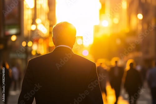 Businessman walking in a busy office district at sunset, viewed from behind, in a black suit, golden hour lighting, medium close-up, thoughtful and calm expression 4