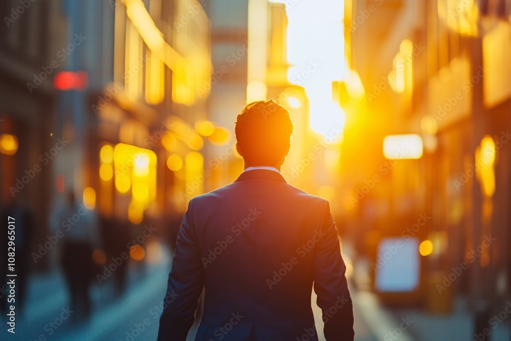 Businessman strolling through the business district at sunset, viewed from behind, wearing a blue suit, soft golden light, medium close-up, calm and professional atmosphere 2 Businessman strolling through the business district at sunset, viewed from behind, wearing a blue suit, soft golden light, medium close-up, calm and professional atmosphere 2