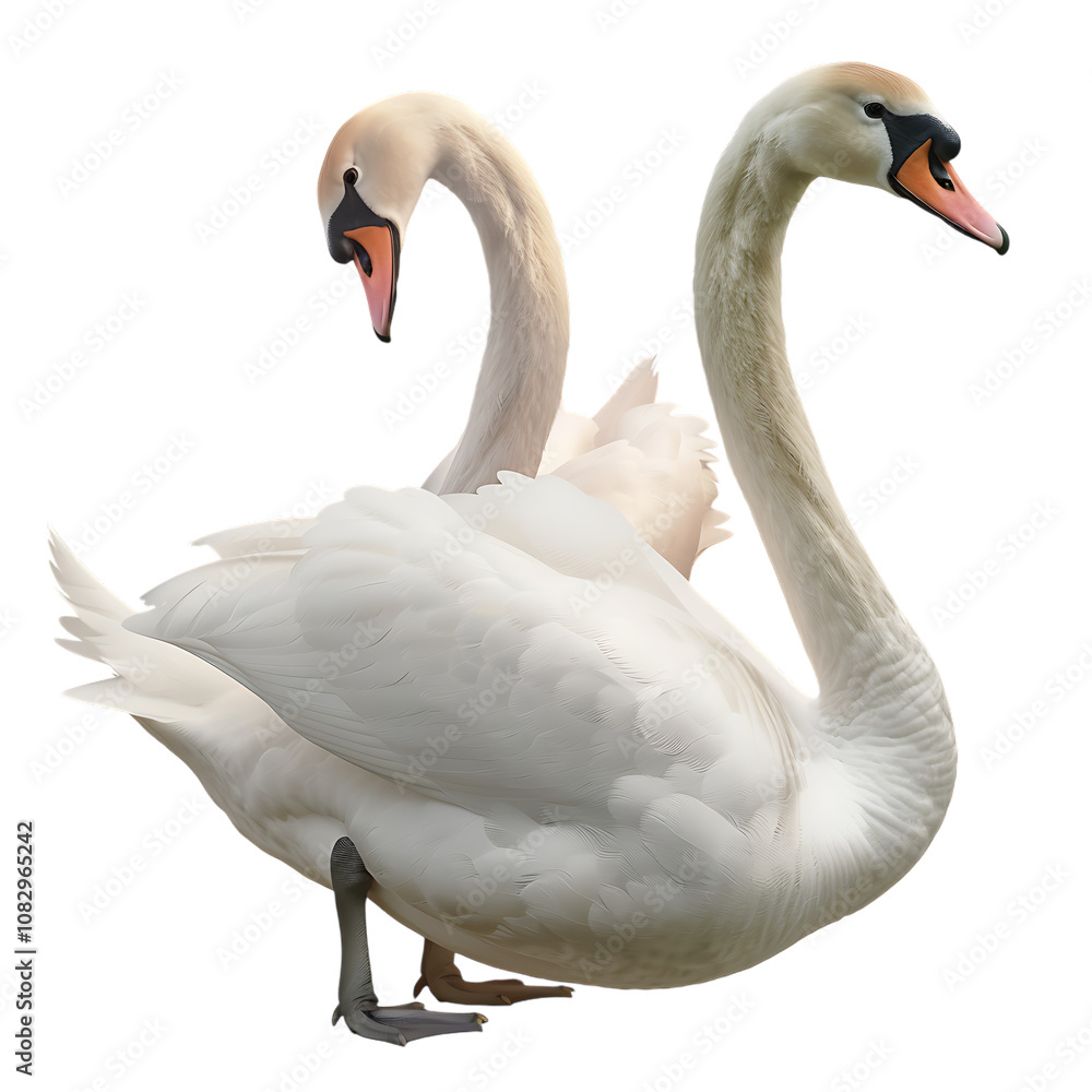 Fototapeta premium A Couple of Swans Isolated on a White Background: A Graceful and Elegant Display of Love and Serenity
