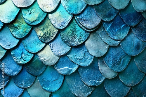 Wallpaper Mural Blue to emerald gradient scales with soft, glossy reflections, iridescent highlights, intricate texture, close-up, bright lighting and shimmering finish 3 Torontodigital.ca