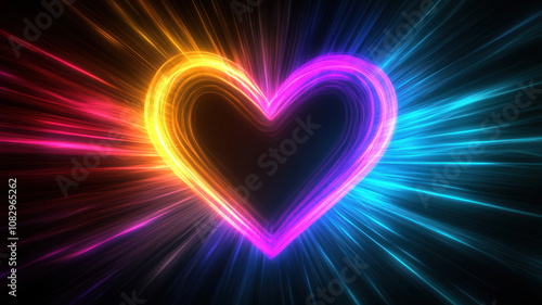 Vibrant abstract neon light heart on black