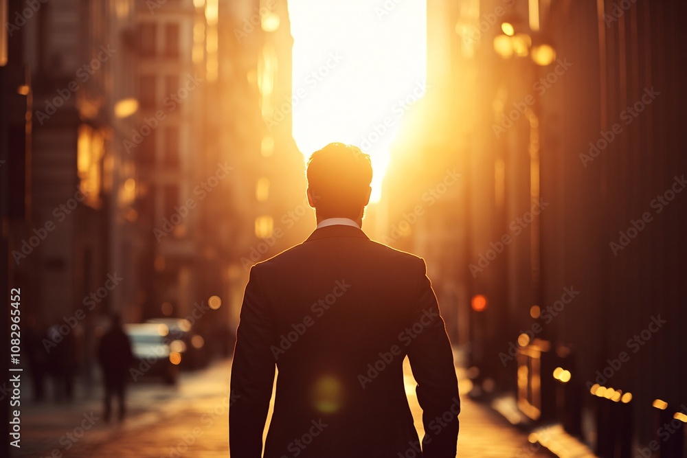 Back view of a businessman walking in an urban business area at sunset, warm golden light illuminating the street, medium close-up, composed and confident expression 5 Back view of a businessman walking in an urban business area at sunset, warm golden light illuminating the street, medium close-up, composed and confident expression 5