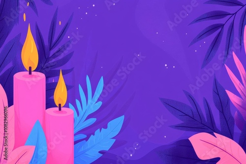 Two pink candles with flames burning brightly, surrounded by tropical leaves, on a purple background with a soft glow.