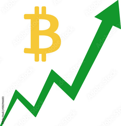 Bitcoin sign and green up arrow icon. Bitcoin growth. Uprising bitcoin. Vector. 