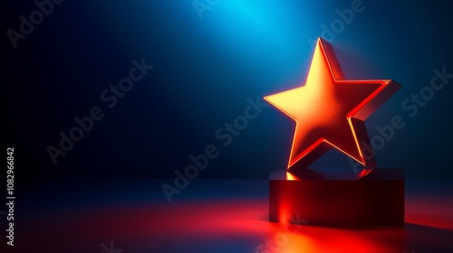 Orange glowing star standing on a pedestal representing success, achievement, and recognition