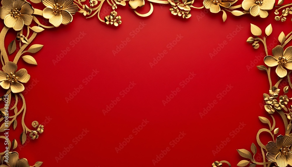 Elegant gold paper cut border framing vibrant red for festive celebration, embodying the spirit of Chinese New Year. Elegant gold paper cut border framing vibrant red for festive celebration, embodying the spirit of Chinese New Year.