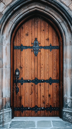 old wooden church door with black metal hardware and stone archway in a historical building