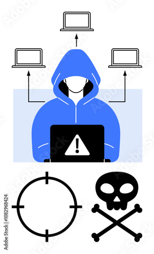 Cyber attacker in blue hoodie with alert sign on laptop and arrows connecting to multiple devices. Danger icons include target and skull. Ideal for cybersecurity, hacking, internet safety, data