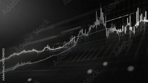 Widescreen abstract financial chart with uptrend line graph and candlestick on black and white colour background. Business stock or financial charts backgrounds. photo