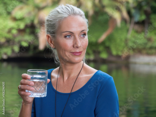 Una mujer de mediana edad con una apariencia hermosa y saludable sosteniendo un vaso de agua
 photo