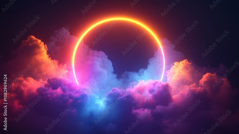 Abstract cloud illuminated with neon light ring on dark night sky. Glowing geometric shape, round frame. Glowing solar eclipse, colorful nebula clouds, vibrant pink and purple colors,cosmic Abstract cloud illuminated with neon light ring on dark night sky. Glowing geometric shape, round frame. Glowing solar eclipse, colorful nebula clouds, vibrant pink and purple colors,cosmic