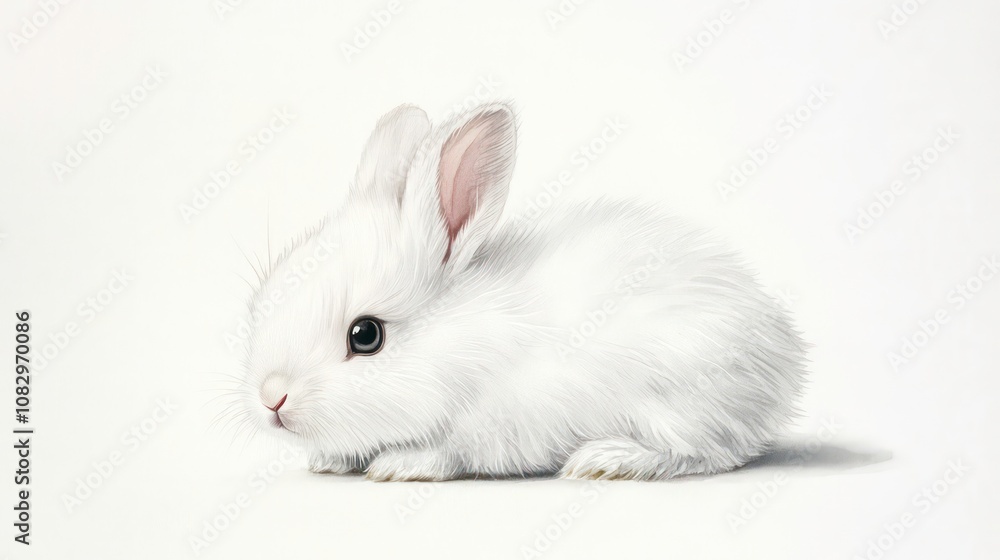 A small, white rabbit with pink ears and black eyes sits on a white background. A small, white rabbit with pink ears and black eyes sits on a white background.