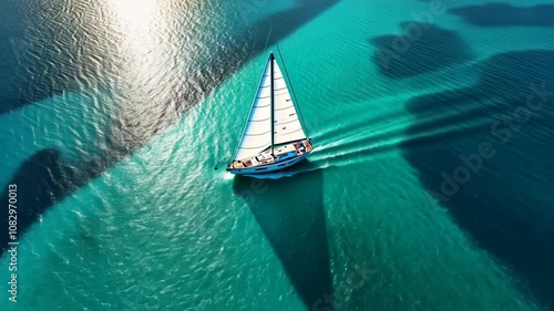 Sailing on turquoise waters with shadows of boats nearby during a sunny day on the coast