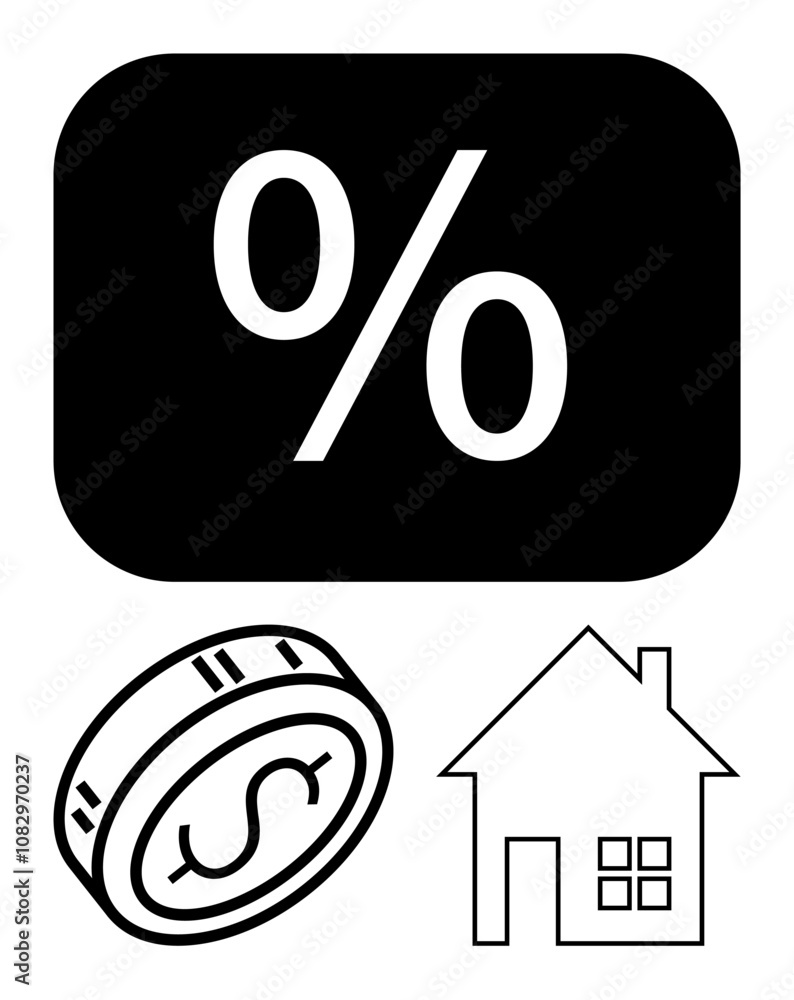 Percent symbol in a dark rectangle, dollar coin, and house outline collectively represent financial elements. Ideal for banking, loans, interest rates, mortgages, real estate, investments Percent symbol in a dark rectangle, dollar coin, and house outline collectively represent financial elements. Ideal for banking, loans, interest rates, mortgages, real estate, investments
