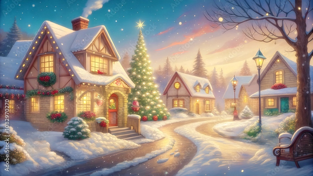 Fototapeta premium Christmas theme illustration village town street house in snowing winter landscape background wallpaper