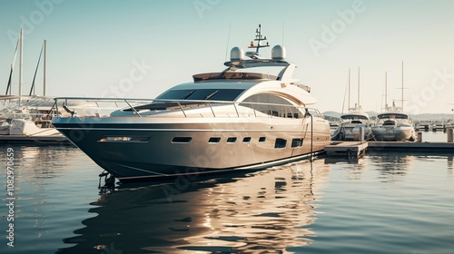 A photo of a sleek luxury yacht docked at a private
