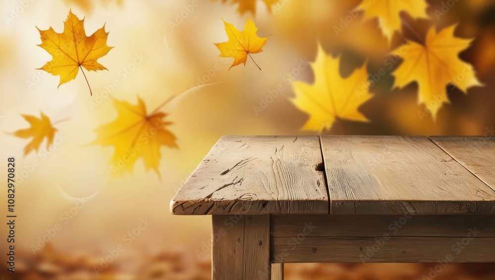 Wooden Table with Autumn Background