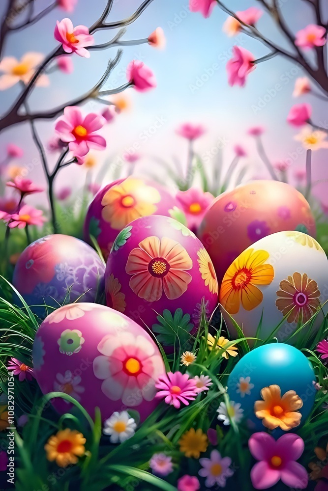 image de plusieurs œufs de pâques dans de l'herbe avec des fleurs image de plusieurs œufs de pâques dans de l'herbe avec des fleurs