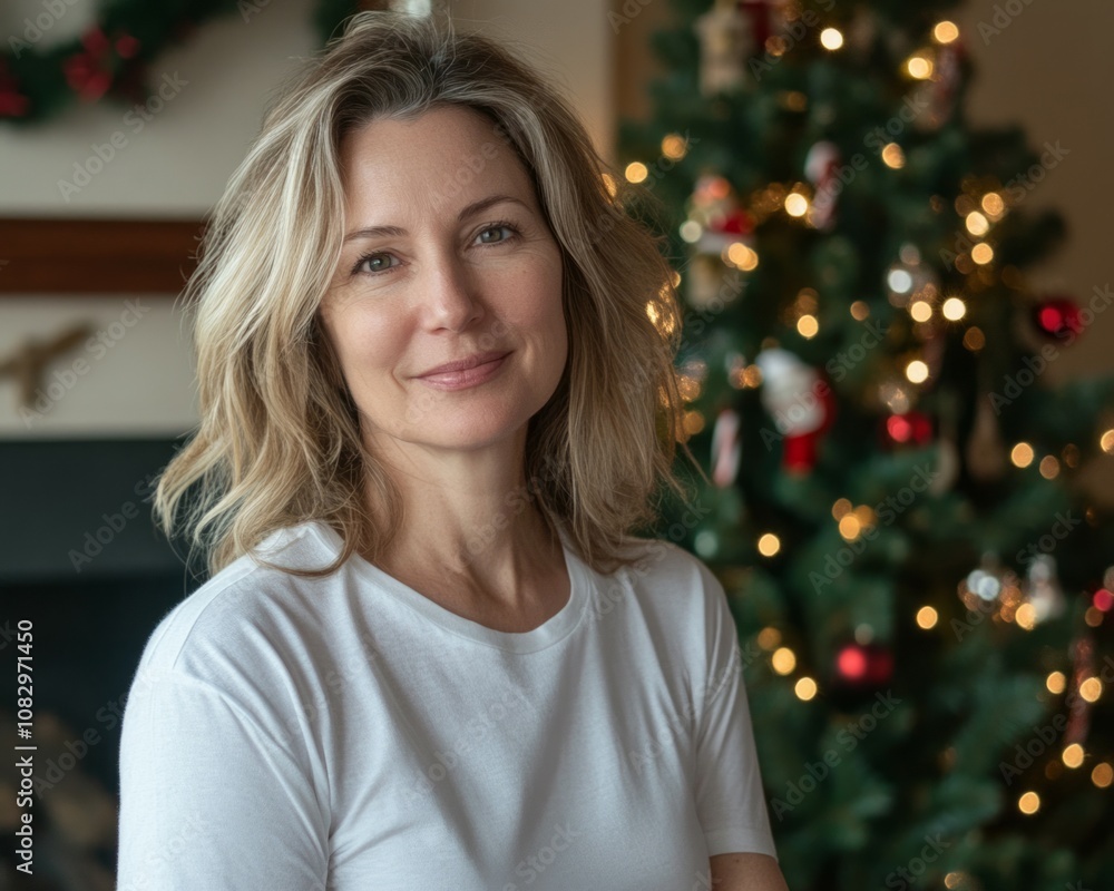 a white woman, wearing a completely blank white t-shirt, standing by a Christmas tree a white woman, wearing a completely blank white t-shirt, standing by a Christmas tree