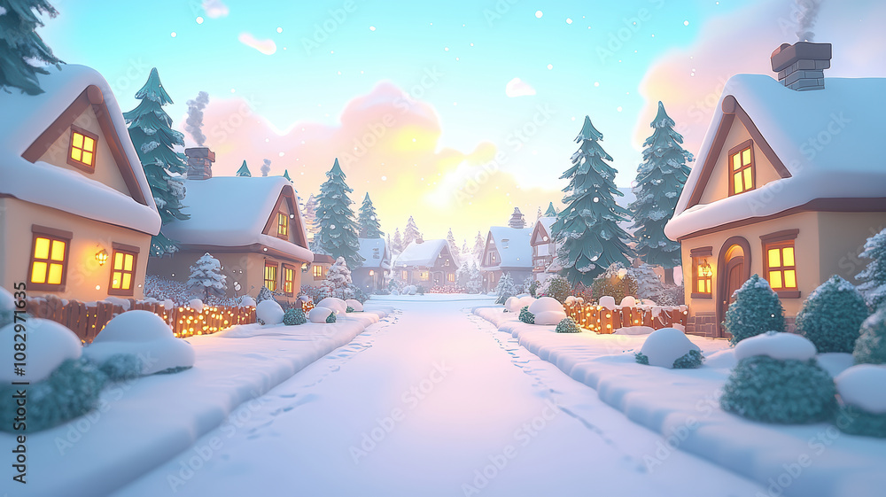 Fototapeta premium Cartoon winter scene with houses christmas trees and open center
