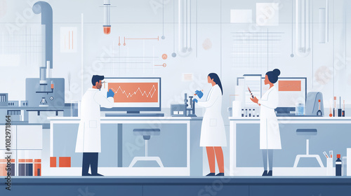 Scientists collaborating in a high-tech laboratory, analyzing data on screens, focusing on groundbreaking medical research and advancements photo