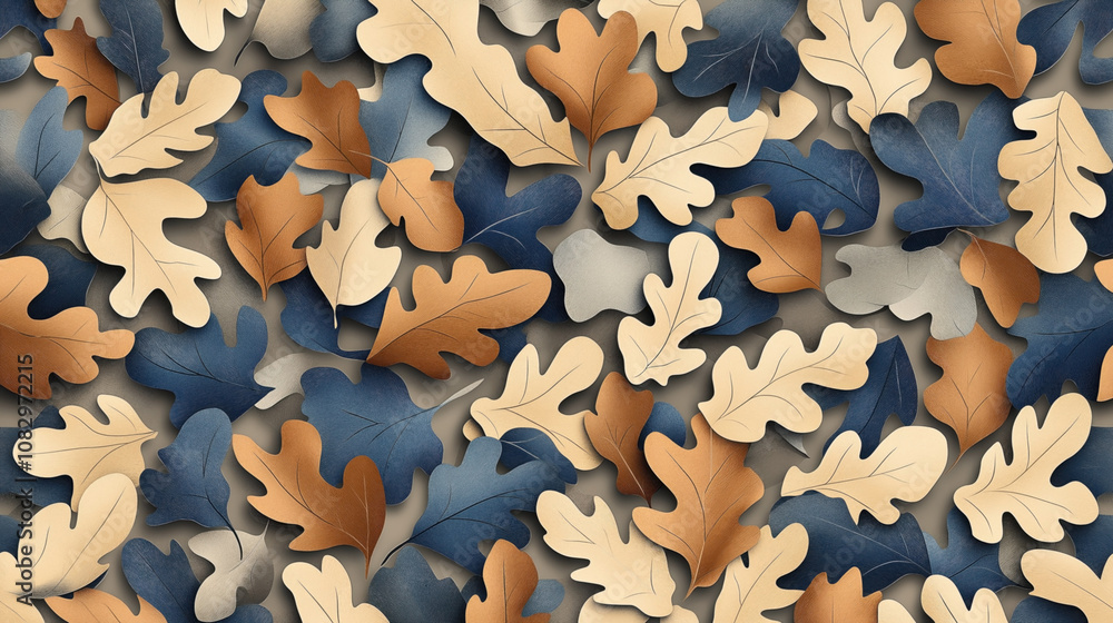 Fototapeta premium Abstract composition of overlapping oak leaves in earth tones, including shades of brown, beige, and deep blue, arranged in a seamless autumn-themed pattern.