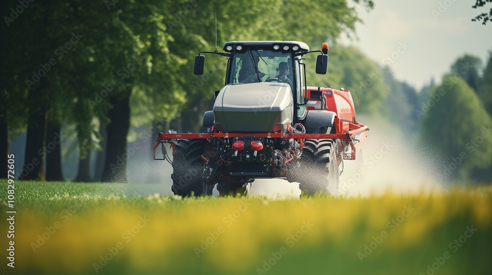 Obraz premium A photo of a tractor pulling a large fertilizer