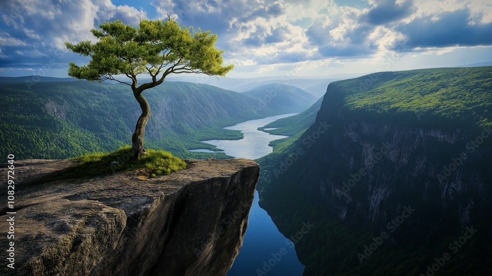 A lone tree stands on a cliff overlooking a river valley. A lone tree stands on a cliff overlooking a river valley.